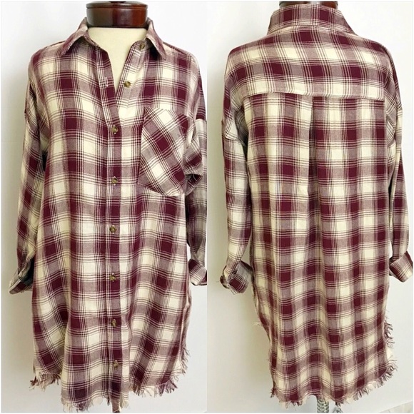 Frayed Hem Boho Plaid HiLow Tunic Shirt SML - Picture 7 of 8